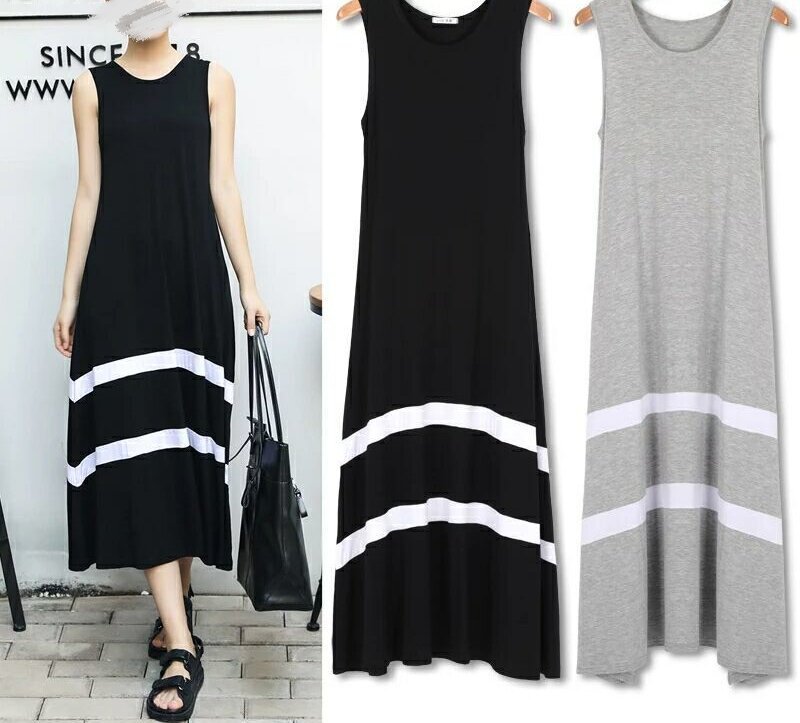 Summer Women Casual Loose Sleeveless Crewneck Maxi Dress