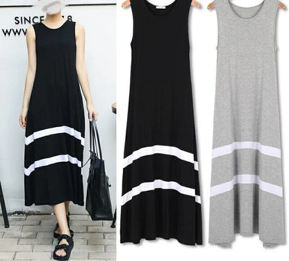 Summer Women Casual Loose Sleeveless Crewneck Maxi Dress