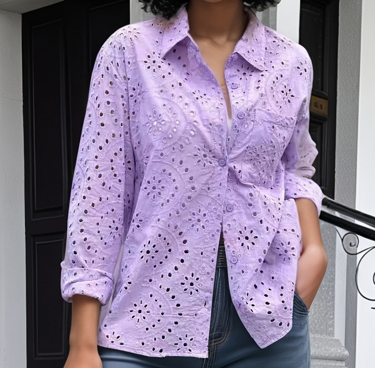Blusa informal de moda para mujer, color liso, con bordado y solapa hueca, talla grande