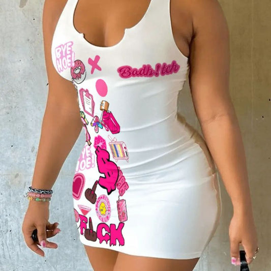 Vestido mini de tirantes con cuello en U y estampado gráfico de verano sexy e informal para mujer