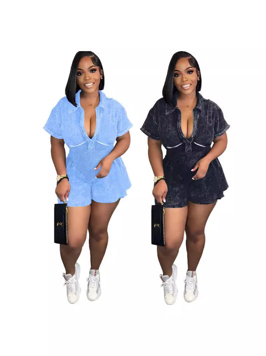 Women Washed Print A- Shaped Deep V Neck Defined Waist Short-Sleeved Casual Cargo Rompers