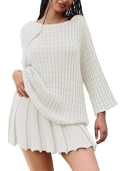 Women Fashion Casual Solid Color Knitted Stripe Long Sleeve Sweater Pleated Skirt Two-Piece Set