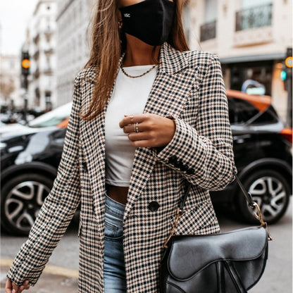 Chaqueta de traje de manga larga con estampado a cuadros informal a la moda para mujer