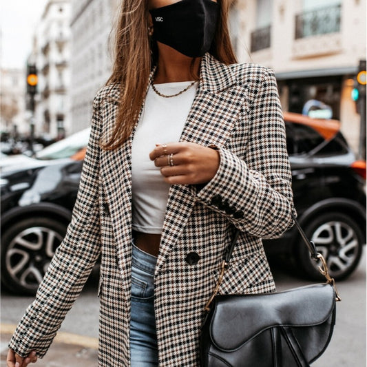 Chaqueta de traje de manga larga con estampado a cuadros informal a la moda para mujer
