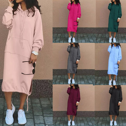 Women Fashion Casual Winter Solid Color Plus Size Hooded Long Sleeve Sweatshirt Dress