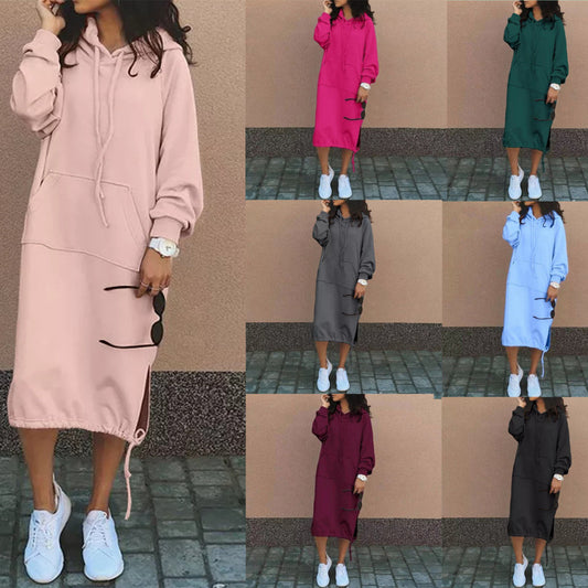 Women Fashion Casual Winter Solid Color Plus Size Hooded Long Sleeve Sweatshirt Dress