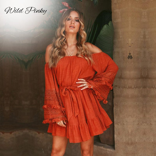 Women Spring Elegant Bohemian Solid Color Off-the-shoulder Tassel Ruffled Long Flare Sleeve Vintage Casual Bandage Short Mini Dress