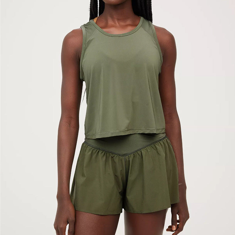 Women Fashion Casual Solid Color Sleeveless Top High-Waisted Shorts Yoga Sports Two-Piece Set