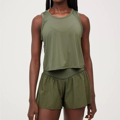 Women Fashion Casual Solid Color Sleeveless Top High-Waisted Shorts Yoga Sports Two-Piece Set