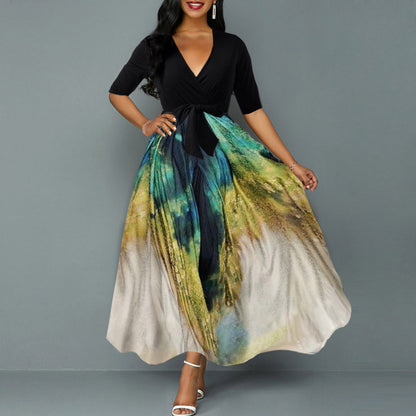 Women Fashion Casual Elegant V-Neck Printed Maxi Dress