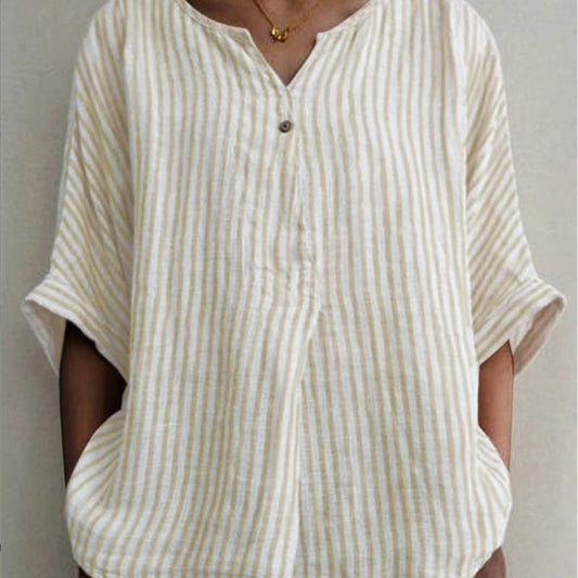 Camisa de lino y algodón a rayas con cuello en V informal y holgada para mujer