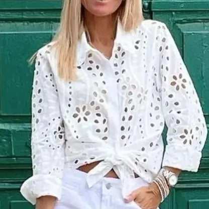 Camisa informal de manga larga hueca a la moda para mujer