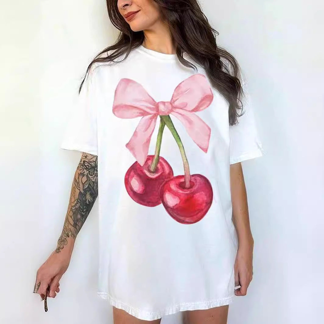 Camiseta informal de manga corta con cuello redondo y estampado para mujer