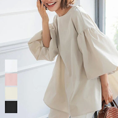Blusa informal holgada con mangas abullonadas, cuello redondo, color liso, elegante para oficina para mujer
