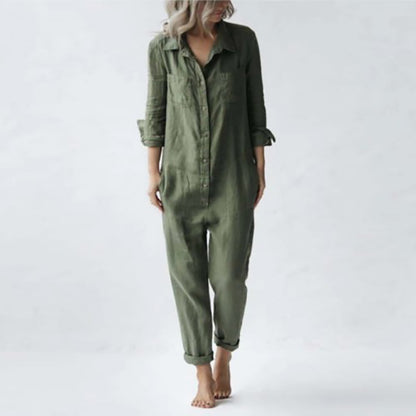 Women Casual Cotton Solid Color Lapel Pocket Long Sleeve Jumpsuit