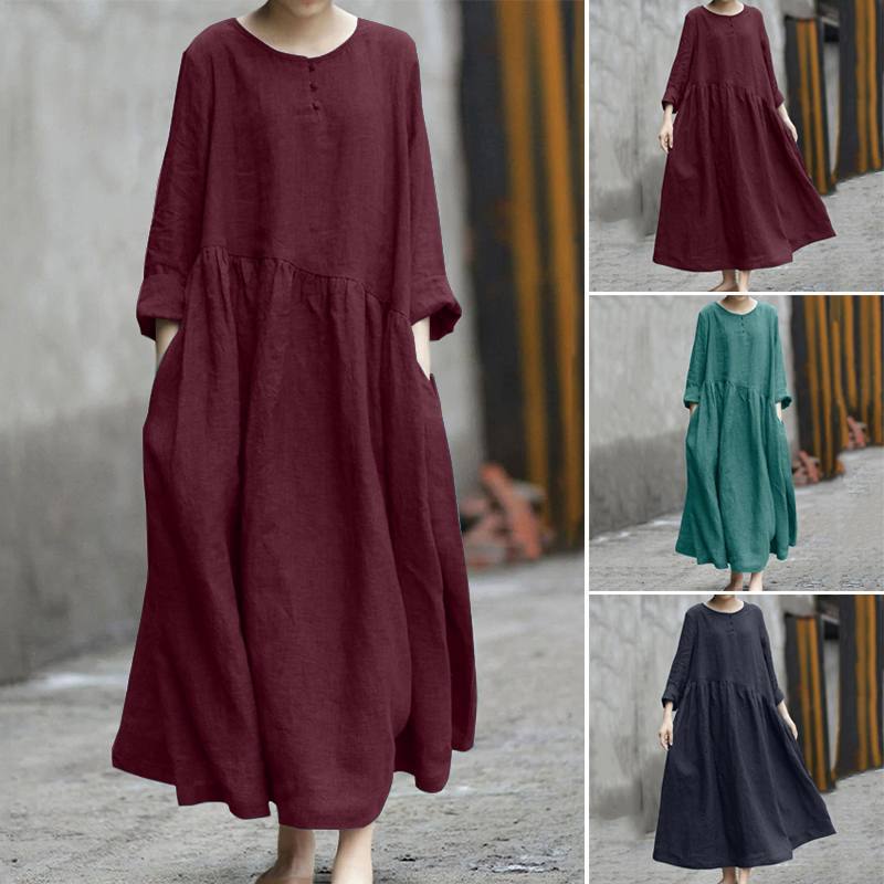 Women Casual Loose Plus Size Solid Color Round Neck Pocket Long Sleeve Dress