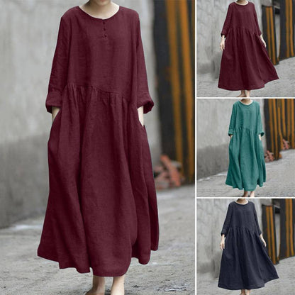 Women Casual Loose Plus Size Solid Color Round Neck Pocket Long Sleeve Dress