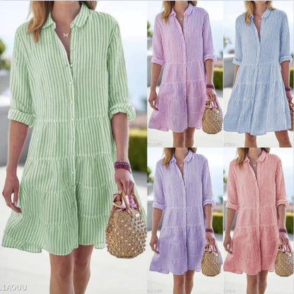 Women Casual Loose Long Stripe Striped Shirt Dress