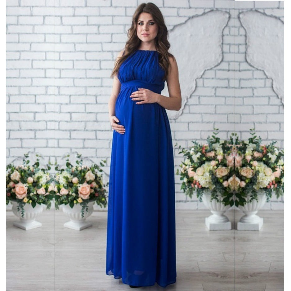 Vestido plisado sin mangas con cuello redondo y costuras de color liso para embarazadas