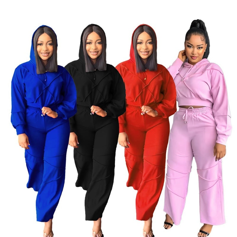 Women Athleisure Fashionable Sports Solid Color Hooded Straight Casual Pants Two-Piece Set