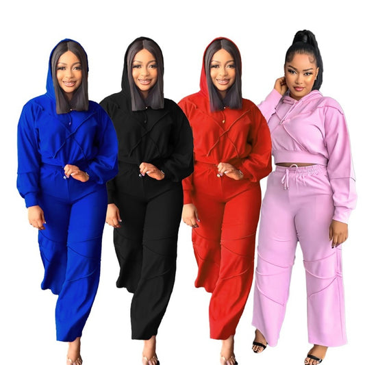 Conjunto deportivo de dos piezas para mujer, estilo casual, con capucha y pantalones rectos de color liso a la moda