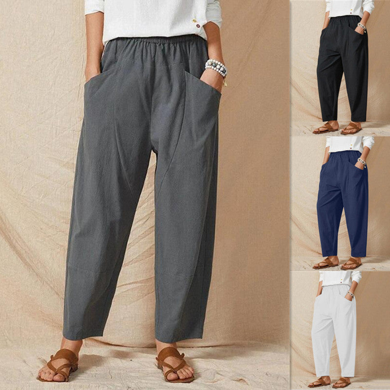 Women Solid Color Casual Stitching Loose Harem Elastic Waist Pants
