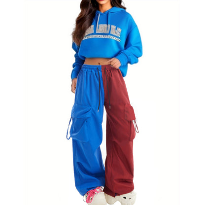Women Fashion Casual Contrast Color Matching Drawstring Wide Leg Sports Pants