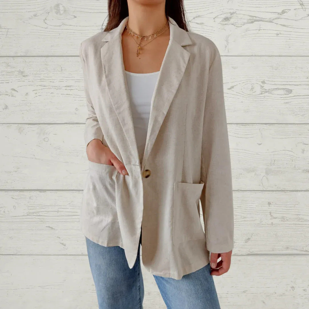 Women Casual Solid Color Cotton And Linen Lapel Button Blazer