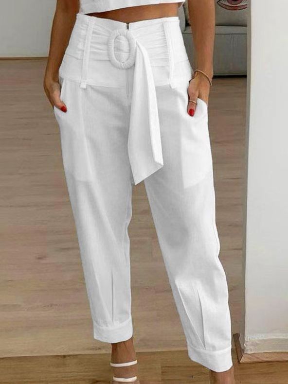 Women Casual Summer Solid Color Linen Floral Pants