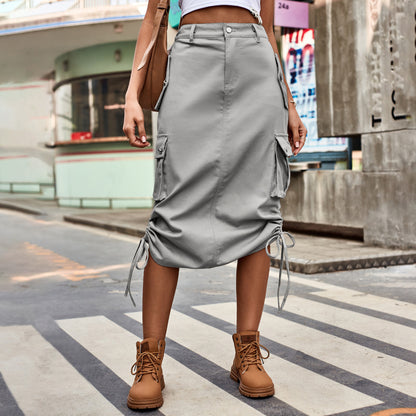 Women Fashion Casual Denim Lace-Up Pockets Mid-Length Skirt