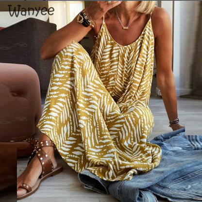 Women Casual Fashion Summer Casual Backless Beach Striped Bohemian Maxi Dress