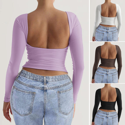 Camiseta informal de manga larga con cuello redondo y espalda descubierta para mujer