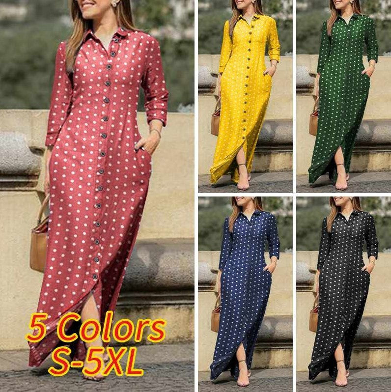 Women Casual Polka Dot Long Sleeve Lapel Collar Button Long Dress