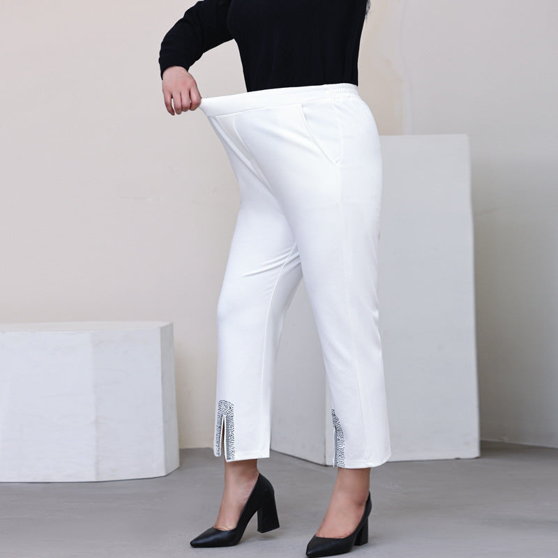 Women Fashion Casual High Waist Rhinestone Plus Size Pants