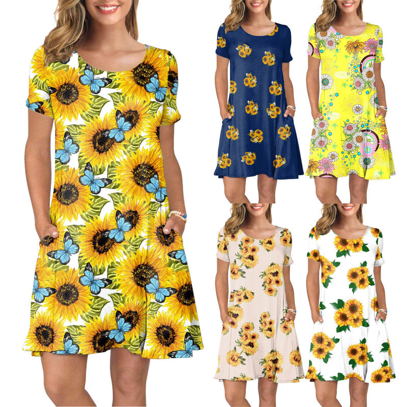 Crewneck Floral Sunflower Printed Women Casual Short Sleeve Pocket Dress