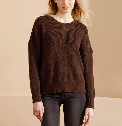 Suéter de punto de color liso con cuello redondo informal a la moda para mujer