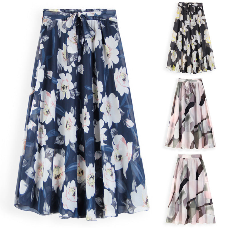 Women Fashion Casual Floral Printing Chiffon A- Line Skirt