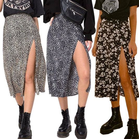 Falda informal de verano con estampado de leopardo y flores para mujer, corte en A y abertura lateral