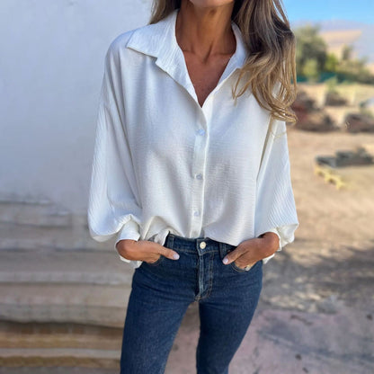 Blusa informal de manga larga con botones y estampado de flores de color liso para mujer