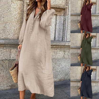 Women Fashion Casual Solid Color V-Neck Button Long Sleeve Dress