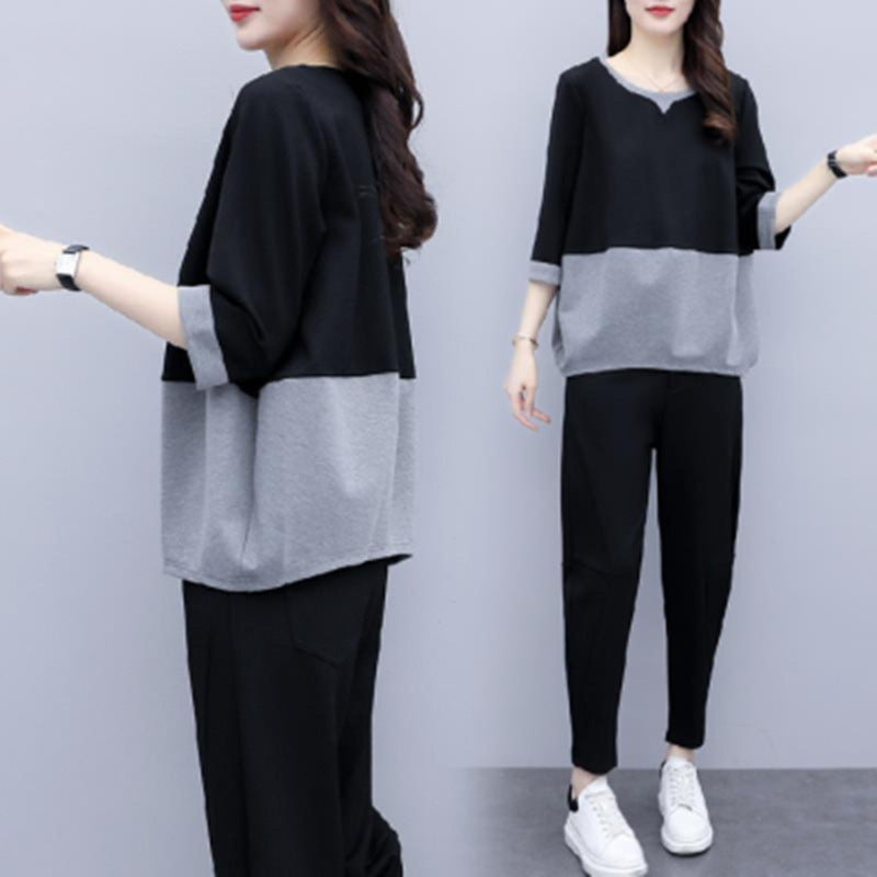 Conjunto informal de dos piezas con top y pantalón de bloques de color, holgado y de talla grande para mujer