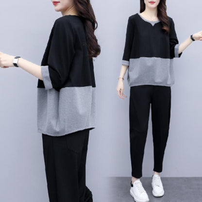 Conjunto informal de dos piezas con top y pantalón de bloques de color, holgado y de talla grande para mujer