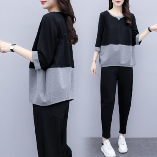 Conjunto informal de dos piezas con top y pantalón de bloques de color, holgado y de talla grande para mujer