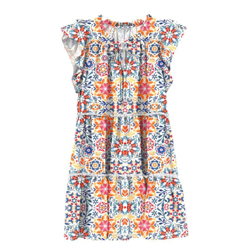 Vestidos casuales con volantes y cuello redondo con estampado floral para mujer