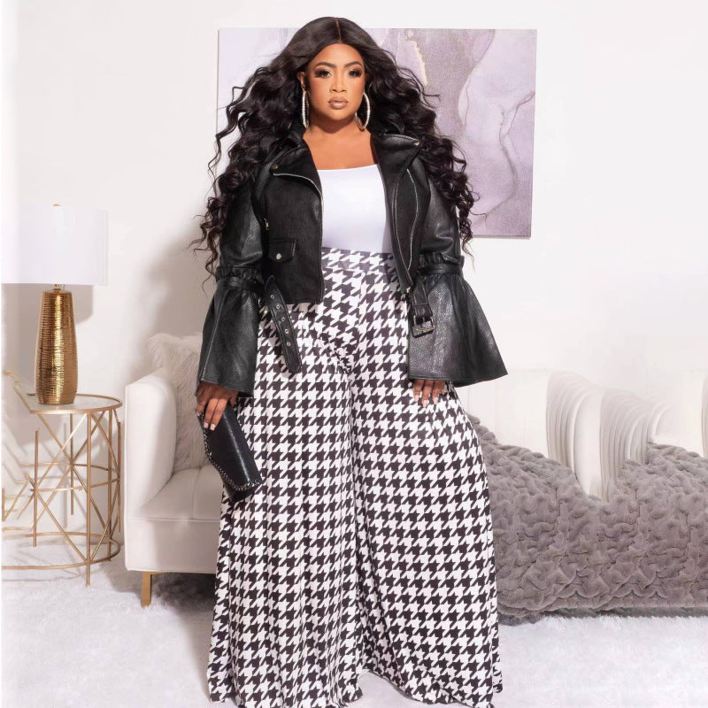Plus Size Women Casual Houndstooth Wide Leg Pants