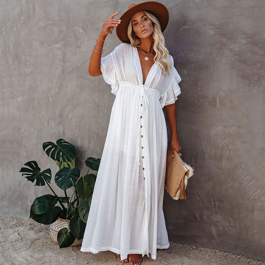 Traje de baño de playa informal holgado con cuello en V y manga corta de color liso para mujer