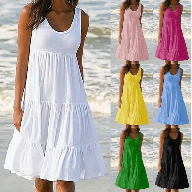 Women Fashion Casual Basic Solid Color U-Neck Sleeveless Loose Dress