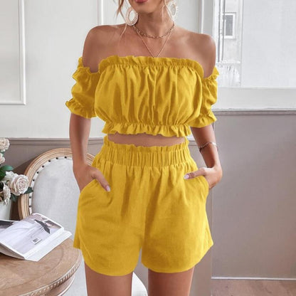 Casual Women Solid Color Off Shoulder Ruffle Short Sleeve Fashion Shorts Sets