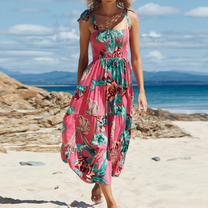 Women Casual Floral Printing Lace-Up Maxi Camisole Dress