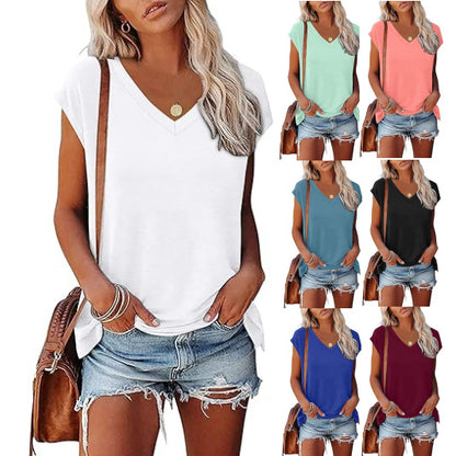 Camiseta informal de verano para mujer, con cuello en V, color liso, de manga corta y sin mangas